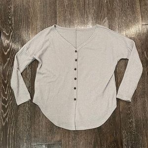 Long Sleeve Button Up V Neck Waffle Knit Cardigan Gray